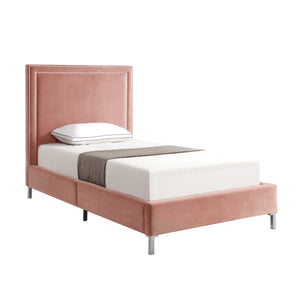 Homeroots Blush Solid Wood Twin Upholstered Velvet Bed With Nailhead Trim Blush,Velvet Velvet 544787