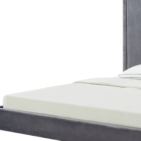 HomeRoots Black Solid Wood Queen Upholstered Bed with Nailhead Trim – Elegant Design for Timeless Comfort Grey, Velvet 544788