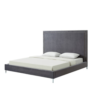 HomeRoots Gray Velvet Queen Bed Frame with Elegant Nailhead Trim, Plush Upholstery & Durable Wood Support 544789