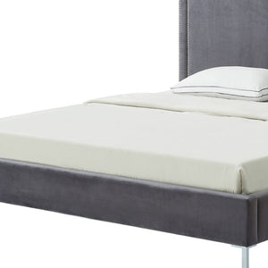HomeRoots Gray Velvet Queen Bed Frame with Elegant Nailhead Trim, Plush Upholstery & Durable Wood Support 544789