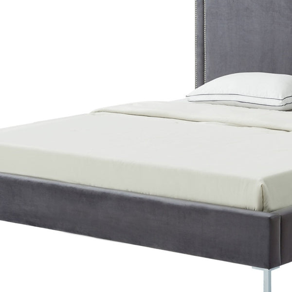 HomeRoots Gray Velvet Queen Bed Frame with Elegant Nailhead Trim, Plush Upholstery & Durable Wood Support 544789