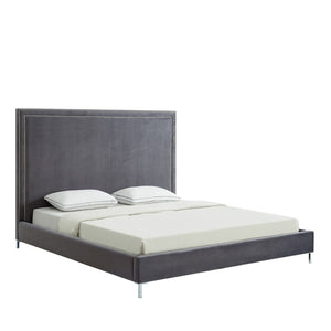 HomeRoots Gray Velvet Queen Bed Frame with Elegant Nailhead Trim, Plush Upholstery & Durable Wood Support 544789
