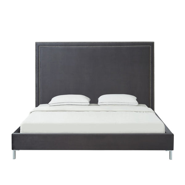 HomeRoots Gray Velvet Queen Bed Frame with Elegant Nailhead Trim, Plush Upholstery & Durable Wood Support 544789