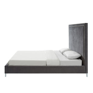 HomeRoots Gray Velvet Queen Bed Frame with Elegant Nailhead Trim, Plush Upholstery & Durable Wood Support 544789
