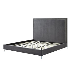HomeRoots Gray Velvet Queen Bed Frame with Elegant Nailhead Trim, Plush Upholstery & Durable Wood Support 544789
