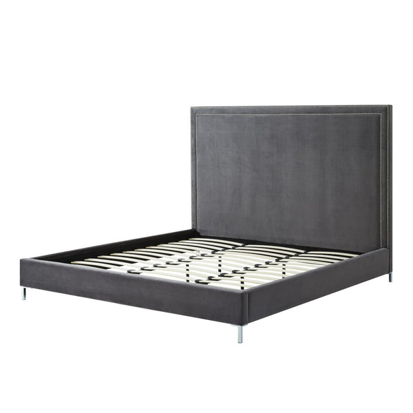 HomeRoots Gray Velvet Queen Bed Frame with Elegant Nailhead Trim, Plush Upholstery & Durable Wood Support 544789