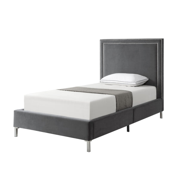 HomeRoots Gray Velvet Twin Bed Frame with Nailhead Trim - Elegant Upholstered Platform Design for Comfort & Style 544790