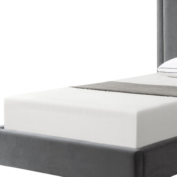 HomeRoots Gray Velvet Twin Bed Frame with Nailhead Trim - Elegant Upholstered Platform Design for Comfort & Style 544790