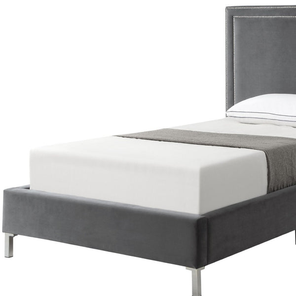 HomeRoots Gray Velvet Twin Bed Frame with Nailhead Trim - Elegant Upholstered Platform Design for Comfort & Style 544790