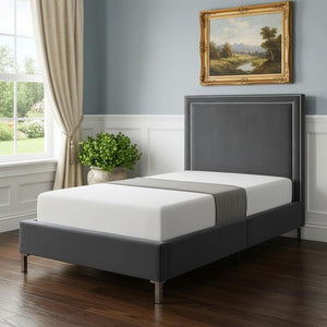 HomeRoots Gray Velvet Twin Bed Frame with Nailhead Trim - Elegant Upholstered Platform Design for Comfort & Style 544790