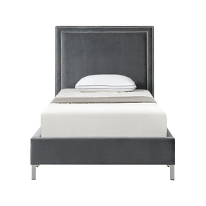 HomeRoots Gray Velvet Twin Bed Frame with Nailhead Trim - Elegant Upholstered Platform Design for Comfort & Style 544790