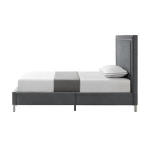 HomeRoots Gray Velvet Twin Bed Frame with Nailhead Trim - Elegant Upholstered Platform Design for Comfort & Style 544790