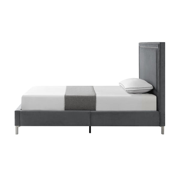 HomeRoots Gray Velvet Twin Bed Frame with Nailhead Trim - Elegant Upholstered Platform Design for Comfort & Style 544790