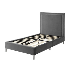 HomeRoots Gray Velvet Twin Bed Frame with Nailhead Trim - Elegant Upholstered Platform Design for Comfort & Style 544790