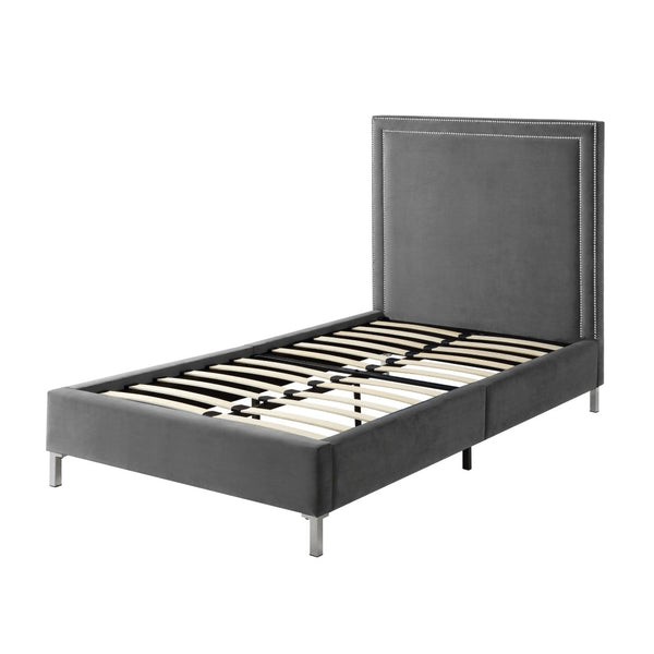 HomeRoots Gray Velvet Twin Bed Frame with Nailhead Trim - Elegant Upholstered Platform Design for Comfort & Style 544790