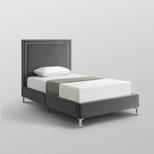 HomeRoots Gray Velvet Twin Bed Frame with Nailhead Trim - Elegant Upholstered Platform Design for Comfort & Style 544790