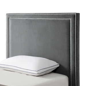 HomeRoots Gray Velvet Twin Bed Frame with Nailhead Trim - Elegant Upholstered Platform Design for Comfort & Style 544790