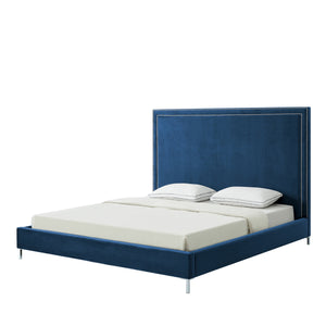 Homeroots Navy Blue Solid Wood King Upholstered Velvet Bed With Nailhead Trim Navy,Velvet Velvet 544791