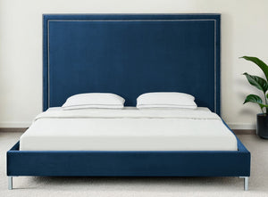 Homeroots Navy Blue Solid Wood King Upholstered Velvet Bed With Nailhead Trim Navy,Velvet Velvet 544791