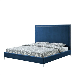 HomeRoots Black Solid Wood Queen Upholstered Bed with Nailhead Trim – Elegant Design for Timeless Comfort Navy, Velvet 544791