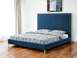 HomeRoots Black Solid Wood Queen Upholstered Bed with Nailhead Trim – Elegant Design for Timeless Comfort Navy, Velvet 544791
