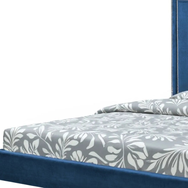 HomeRoots Black Solid Wood Queen Upholstered Bed with Nailhead Trim – Elegant Design for Timeless Comfort Navy, Velvet 544791