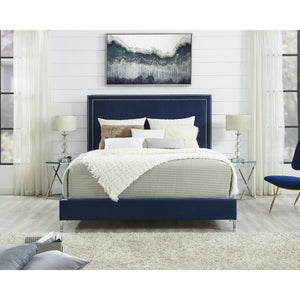 HomeRoots Black Solid Wood Queen Upholstered Bed with Nailhead Trim – Elegant Design for Timeless Comfort Navy, Velvet 544791