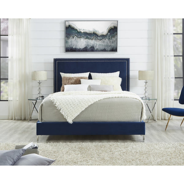 HomeRoots Black Solid Wood Queen Upholstered Bed with Nailhead Trim – Elegant Design for Timeless Comfort Navy, Velvet 544791
