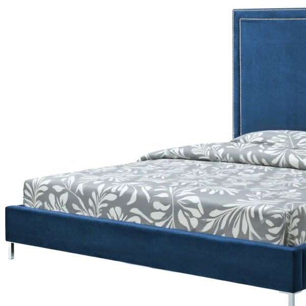 HomeRoots Black Solid Wood Queen Upholstered Bed with Nailhead Trim – Elegant Design for Timeless Comfort Navy, Velvet 544791