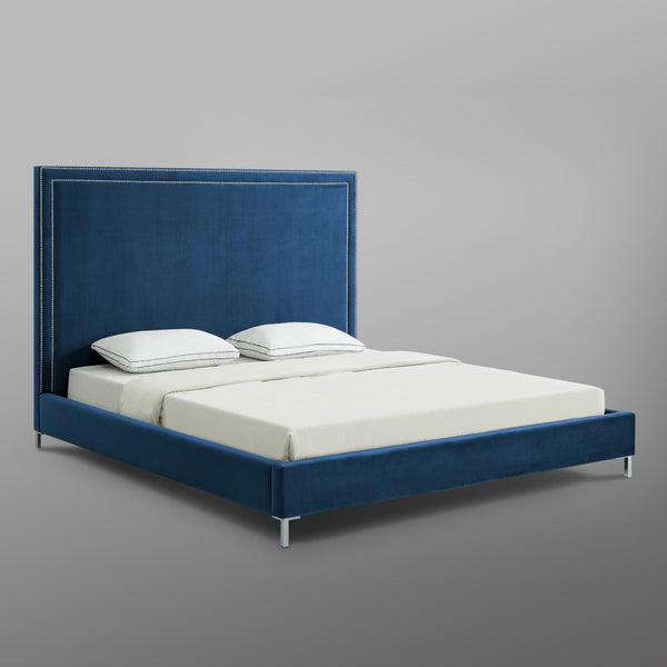 HomeRoots Black Solid Wood Queen Upholstered Bed with Nailhead Trim – Elegant Design for Timeless Comfort Navy, Velvet 544791
