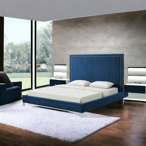 Homeroots Navy Blue Solid Wood Queen Upholstered Velvet Bed With Nailhead Trim Navy,Velvet Velvet 544792