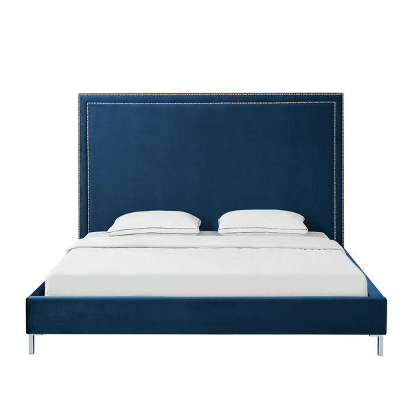 Homeroots Navy Blue Solid Wood Queen Upholstered Velvet Bed With Nailhead Trim Navy,Velvet Velvet 544792