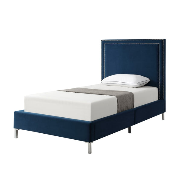 HomeRoots Black Solid Wood Queen Upholstered Bed with Nailhead Trim – Elegant Design for Timeless Comfort Navy, Velvet 544793