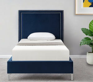 Homeroots Navy Blue Solid Wood Twin Upholstered Velvet Bed With Nailhead Trim Navy,Velvet Velvet 544793