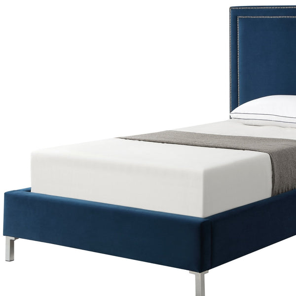Homeroots Navy Blue Solid Wood Twin Upholstered Velvet Bed With Nailhead Trim Navy,Velvet Velvet 544793