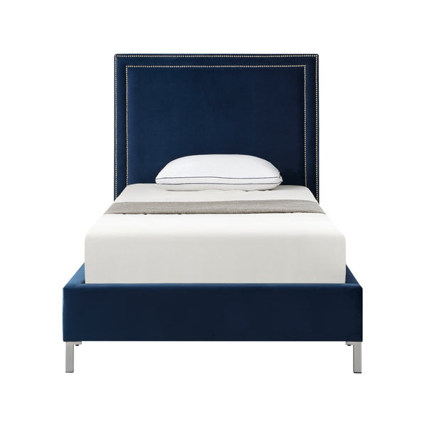 HomeRoots Black Solid Wood Queen Upholstered Bed with Nailhead Trim – Elegant Design for Timeless Comfort Navy, Velvet 544793
