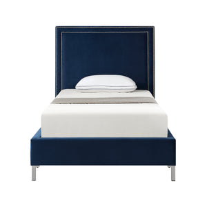 Homeroots Navy Blue Solid Wood Twin Upholstered Velvet Bed With Nailhead Trim Navy,Velvet Velvet 544793