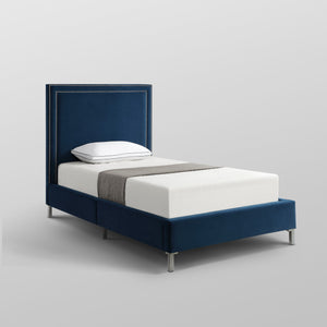 Homeroots Navy Blue Solid Wood Twin Upholstered Velvet Bed With Nailhead Trim Navy,Velvet Velvet 544793