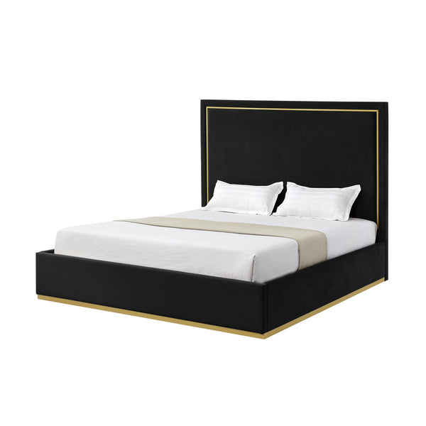 Homeroots Black Solid Wood King Upholstered Velvet Bed Black Velvet 544796