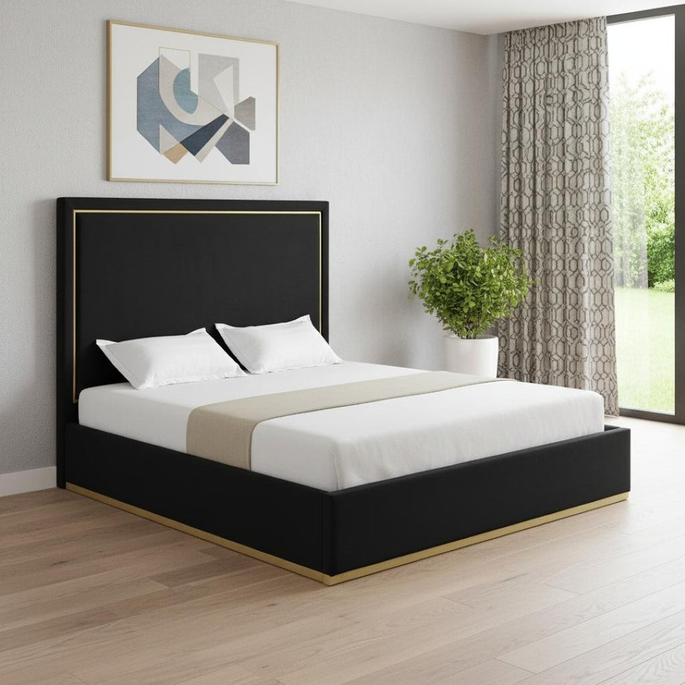 HomeRoots Black Velvet Upholstered Queen Bed Frame – Luxurious Comfort, Modern Design, Durable Wood Construction 544797
