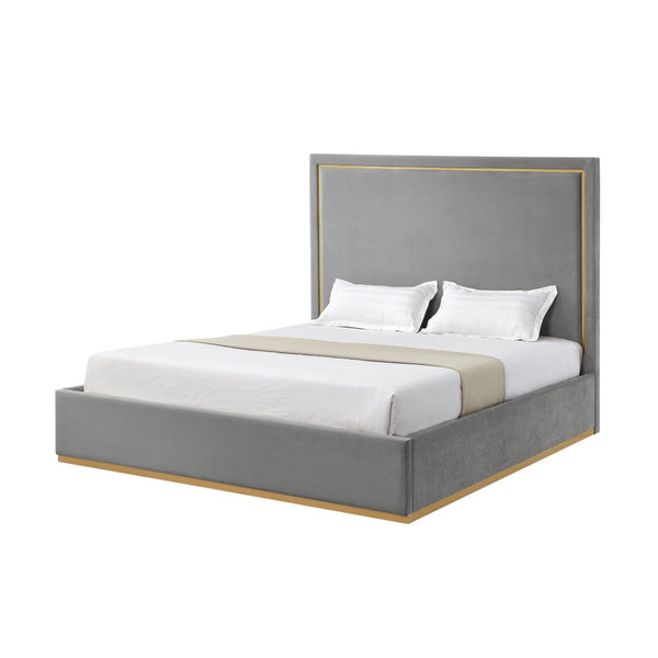 HomeRoots Gray Velvet Upholstered Queen Bed Frame - Modern Design, Luxurious Comfort, No Box Spring Needed! 544799