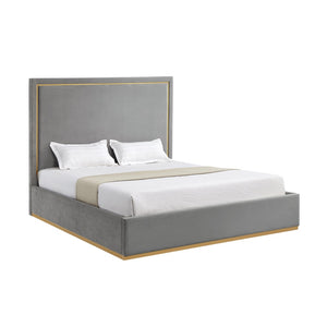HomeRoots Gray Velvet Upholstered Queen Bed Frame - Modern Design, Luxurious Comfort, No Box Spring Needed! 544799