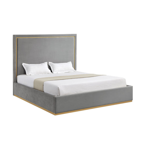 HomeRoots Gray Velvet Upholstered Queen Bed Frame - Modern Design, Luxurious Comfort, No Box Spring Needed! 544799
