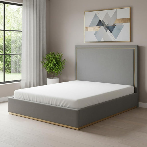 HomeRoots Gray Velvet Upholstered Queen Bed Frame - Modern Design, Luxurious Comfort, No Box Spring Needed! 544799