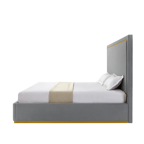 HomeRoots Gray Velvet Upholstered Queen Bed Frame - Modern Design, Luxurious Comfort, No Box Spring Needed! 544799