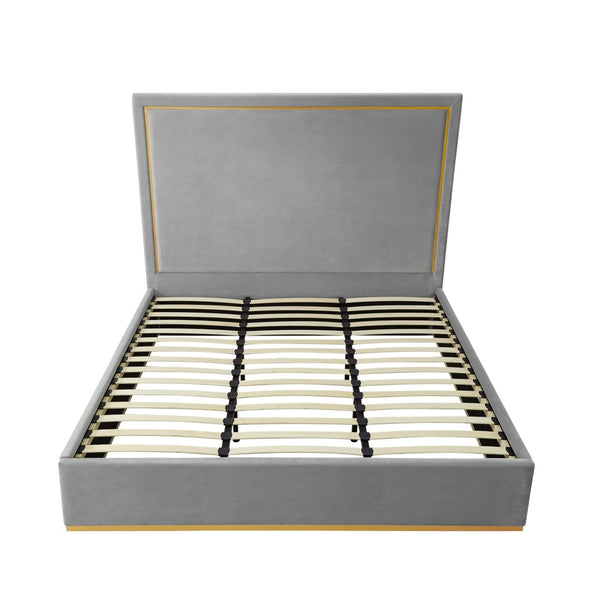 HomeRoots Gray Velvet Upholstered Queen Bed Frame - Modern Design, Luxurious Comfort, No Box Spring Needed! 544799