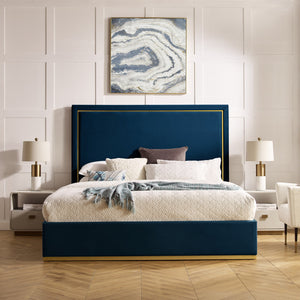 Homeroots Navy Blue Solid Wood King Upholstered Velvet Bed Navy Velvet 544801