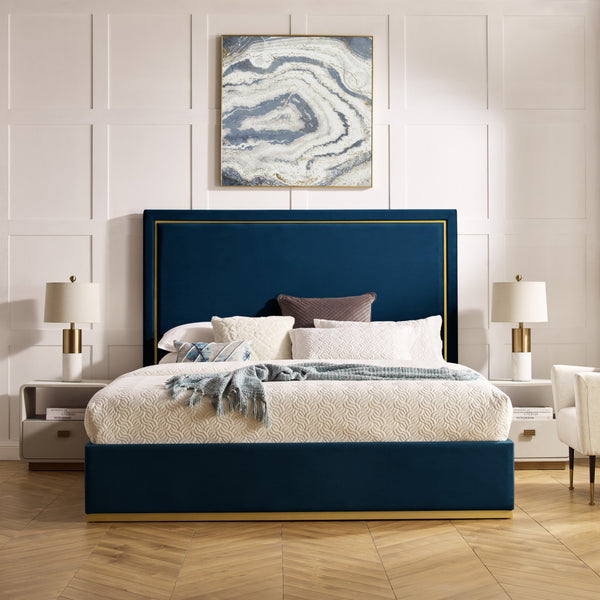 Homeroots Navy Blue Solid Wood King Upholstered Velvet Bed Navy Velvet 544801