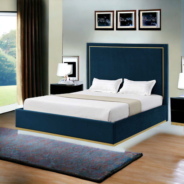 Homeroots Navy Blue Solid Wood King Upholstered Velvet Bed Navy Velvet 544801