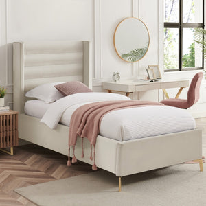 HomeRoots Cream Tufted Velvet Twin Bed Frame - Elegant Design, Durable Comfort, No Box Spring Needed, Cozy Retreat 544805